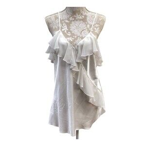 Vtg Linda Bis size L satin w/chiffon flounce-trimmed camisole top white